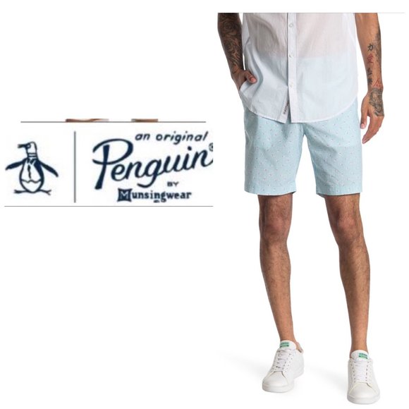 SOLD Original Penguin Mens Blue Slim Geo Print Hybrid Shorts Sz 38 NWT - Picture 2 of 12